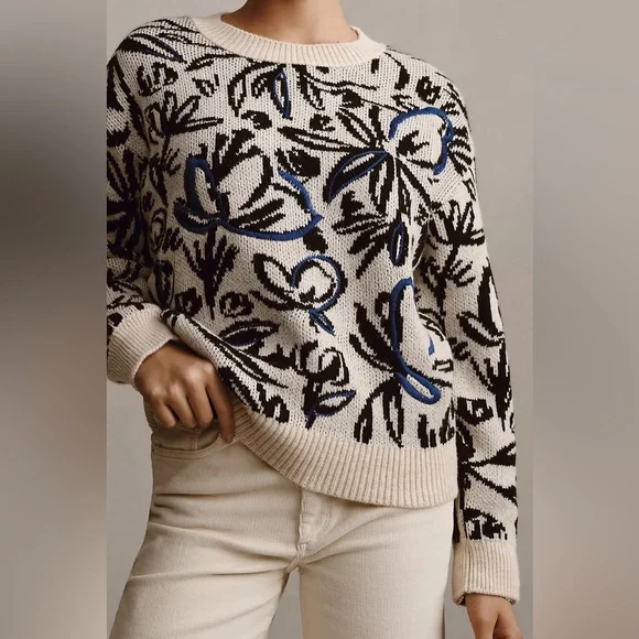 Anthropologie floral pop embroidered crew neck sweater - Picture 2 of 12